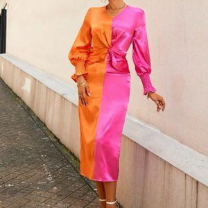 SHEIN Dress Satin Slit Front Swirl Ruffle Sleeve Ruched Two-Tone Size L